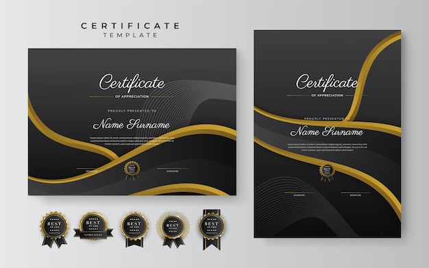 Black and gold certificate of achievement template with gold badge and border