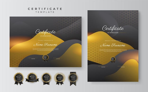 Black and gold certificate of achievement template with gold badge and border