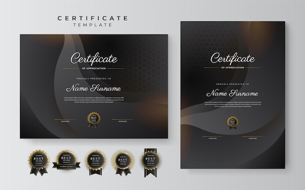 Black and gold certificate of achievement template with gold badge and border