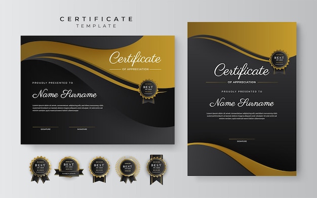 Black and gold certificate of achievement template with gold badge and border