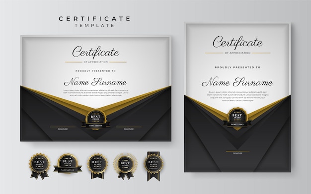 Black and gold certificate of achievement template with gold badge and border