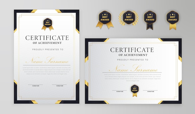 Black and gold certificate with badge and border vector a4 template