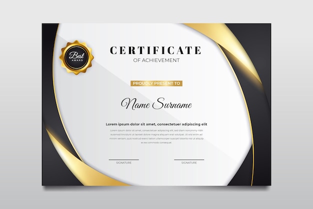 Black and gold color appreciation achievement certificate template design Premium Vector