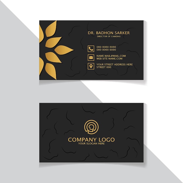 Black and gold color business card with flower shape