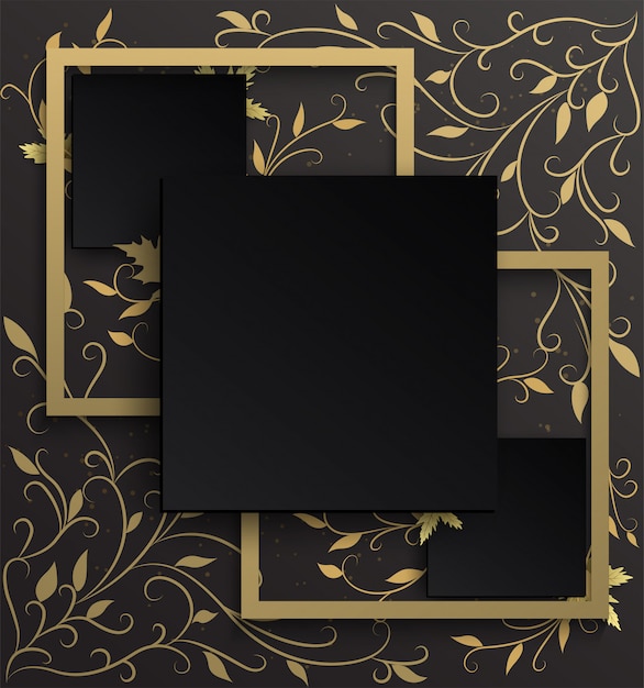 black and gold frame background on golden ivy pattern With a black gradient background