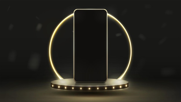 A black and gold smartphone on a 3D podium with glowing lamps Platform with a bright neon gold frame