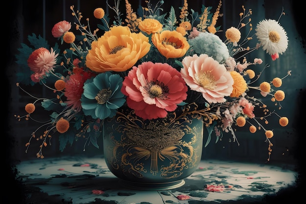 A black and gold vase with flowers and leaves on it