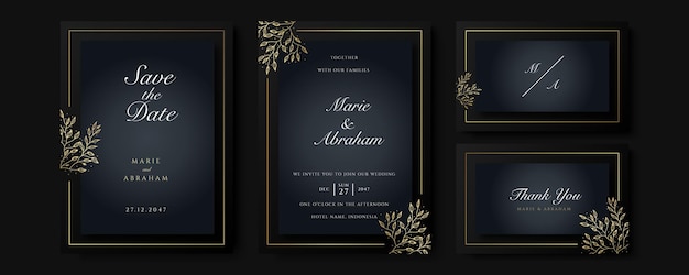 Black and gold wedding invitation template set. Abstract floral design background set. Luxury modern style wallpaper with art flower and botanical leaves, Organic shapes