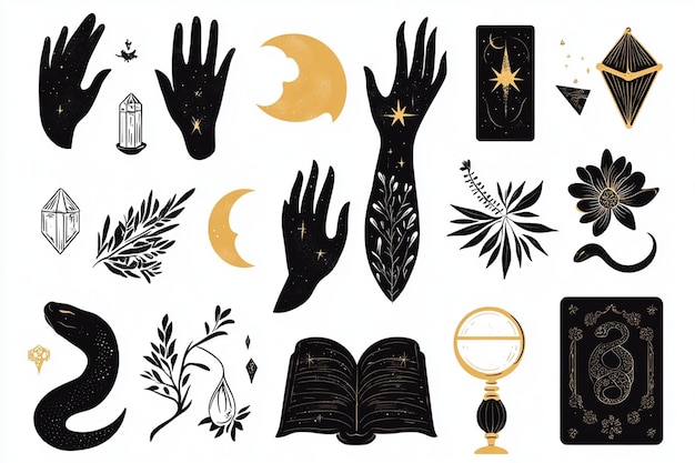 Vector black gold witchy vector clipart set