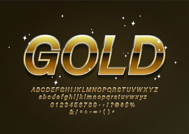 Black golden alphabet letters, numbers and punctuation symbols. Vector