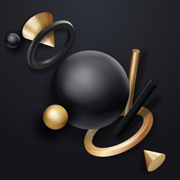 Black and golden geometric shapes objects on dark background Flowing realistic geometry elements