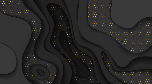 Black and golden halftone effect pattern with wavy layers. Abstract realistic paper cut shapes texture. 3d luxury relief background