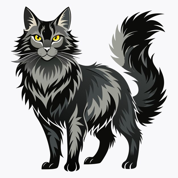 a black and grey cat with yellow eyes and a black tail