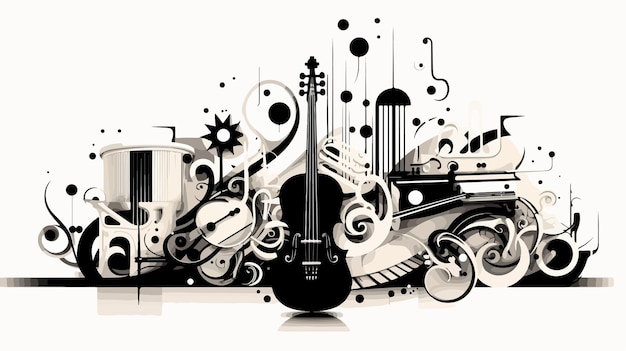 Vector a black guitar is in front of a drawing of a car and a truck