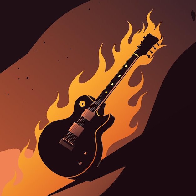 a black guitar with a flame and a red background