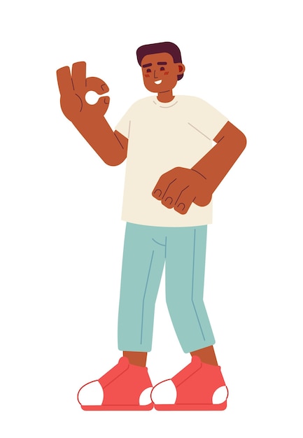 Black guy showing ok gesture semi flat color vector character Happy young man Optimistic male Editable full body person on white Simple cartoon spot illustration for web graphic design