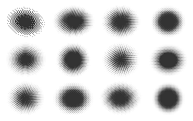 Black halftone comic gradient pattern set Dotted spots using half tone circle star hexagon dots raster texture Pop art spotted figures Shadow blot round shapes Abstract dot spray gradation effect