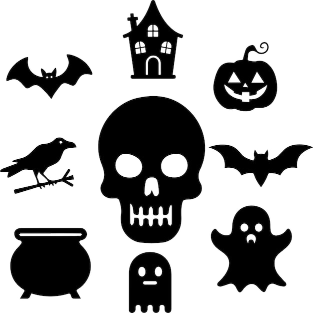 Black Halloween icon set vector on white background