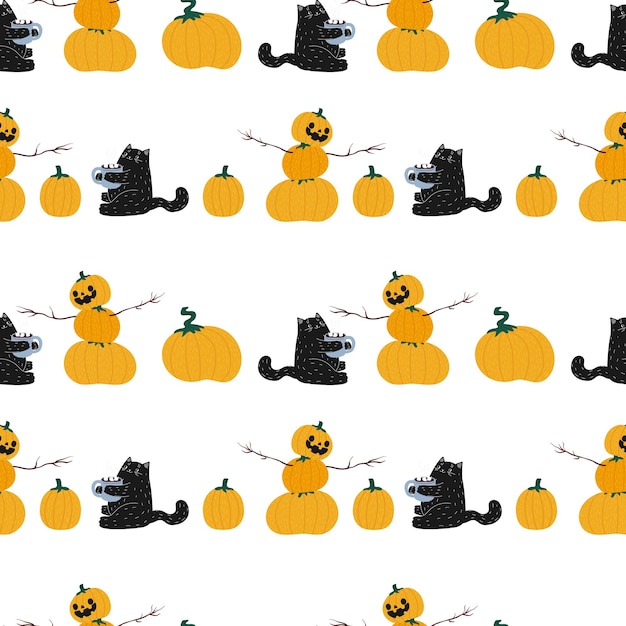 black Halloween pumpkin cute coffee cat seamless pattern  cat autumn harvest festival