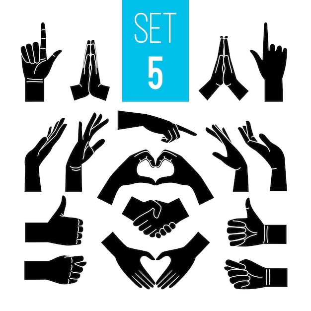 Black hands gestures. Hand and arm icons, gesture graphics signs, vector woman gesturing silhouettes isolated