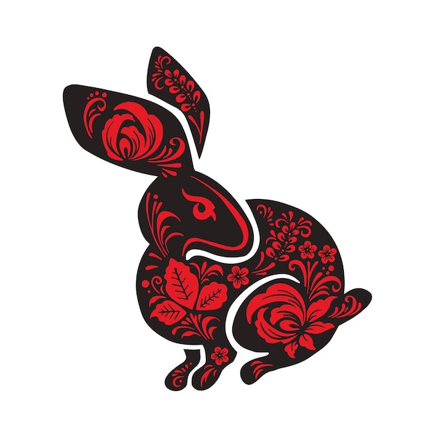 Black Hare rabbit with flower painting ethno red color vector