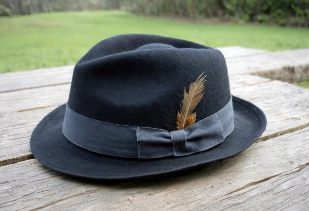 a black hat with a feather on it sits on a wooden table