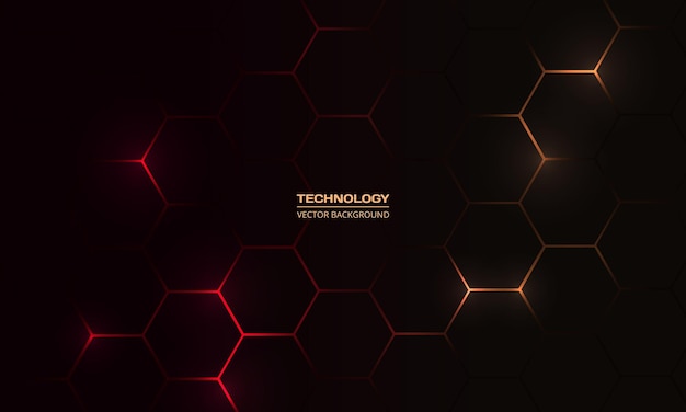 Black hexagonal technology abstract background with blue and pink colored bright flashes