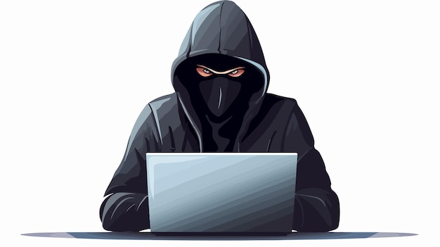 Vector a black hoodie with a black hood sits at a table with a laptop on it