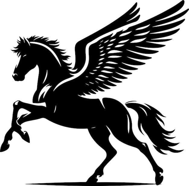 A black horse with wings that says pegasus on it