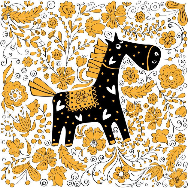 Vector black horse with yellow ethnic patterns on the background of floral floral ornament, hand-drawn. design for postcard, poster, poster, package.