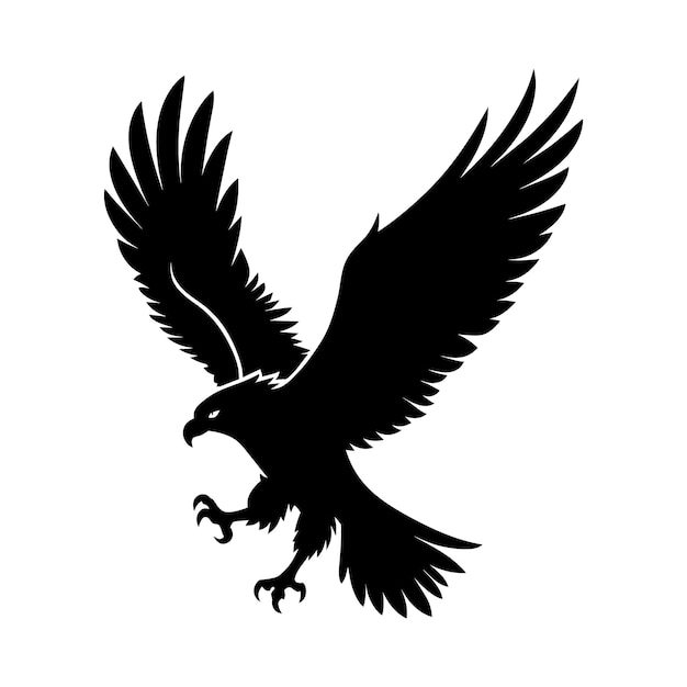 A black illustration silhouette on white background of a flying eagle