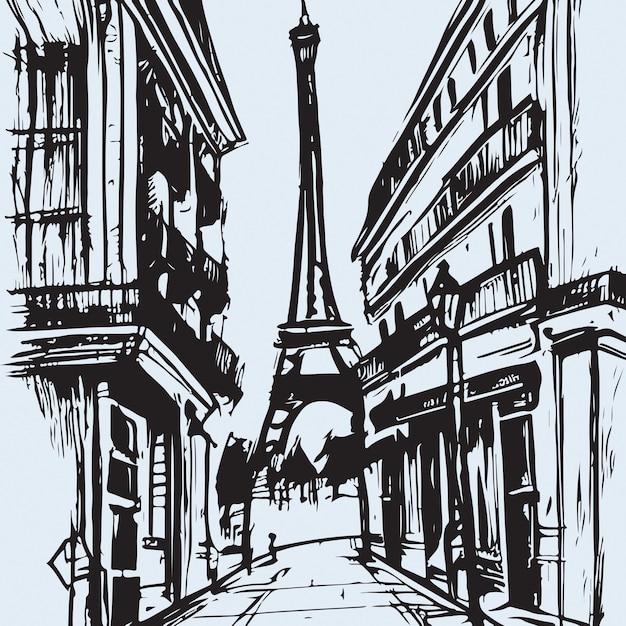 Black Ink Drawing of Paris City Vector Eiffel Tower Architecture