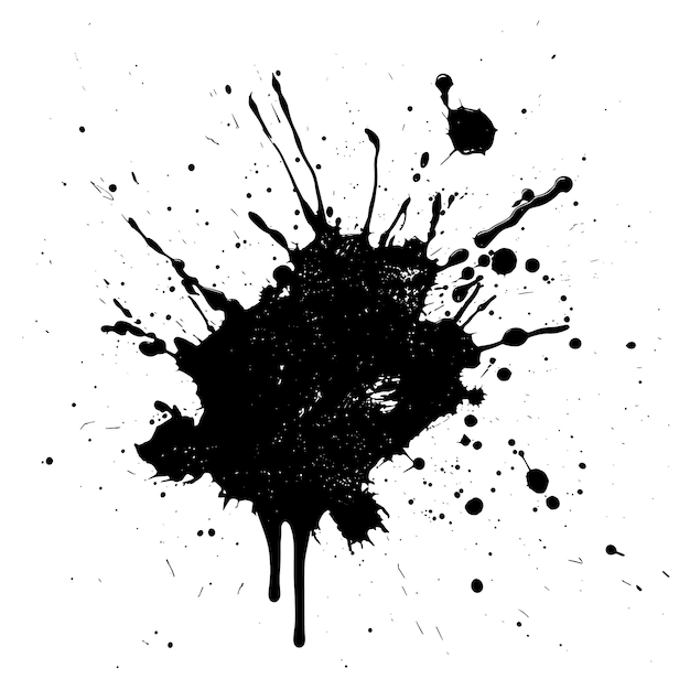 Vector black ink splash with droplets on white background