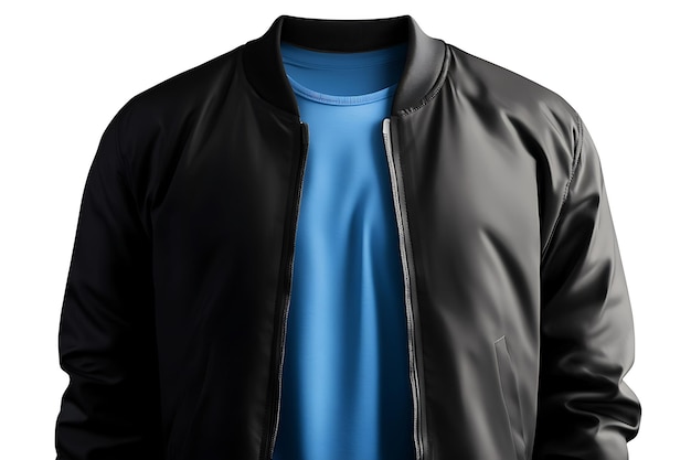 a black jacket with a blue collar and a black and blue shirt