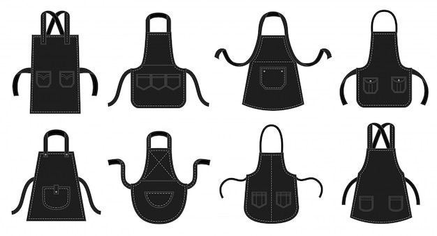 Black kitchens aprons. Waiter apron, restaurant chef uniform with seam patch pocket and kitchen uniforms  illustration set