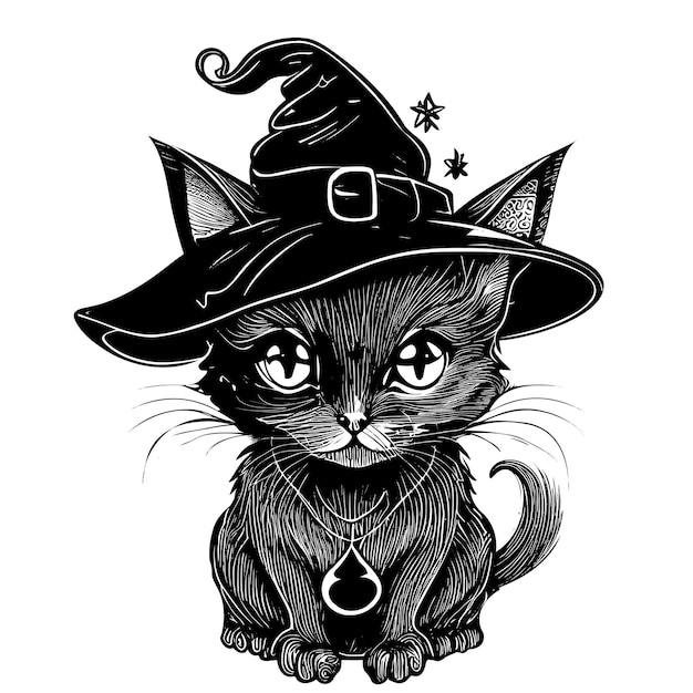 Black kitten in a witch hat hand drawn sketch vector illustration