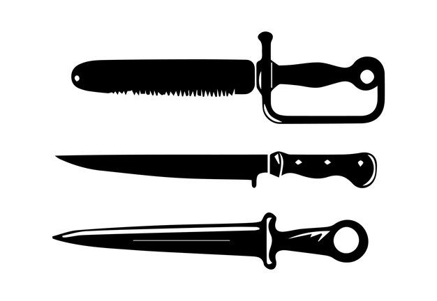 Vector a black knife with a black handle and a white background silhouette