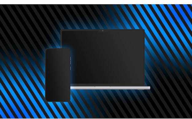 Vector a black laptop with a blue neon and black striped background