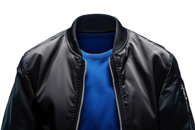 a black leather jacket with a blue and black shirt on it