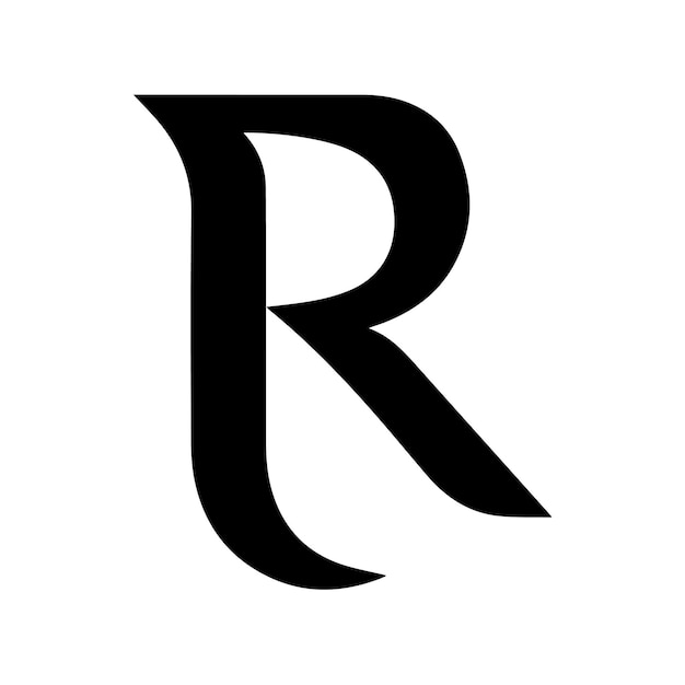 a black letter r is on a white background