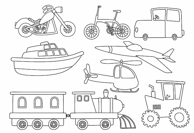 black line doodle set of cute transportation