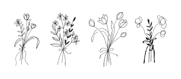 Black line flowers bouquet Vector hand drawn floral illustrated in black and white