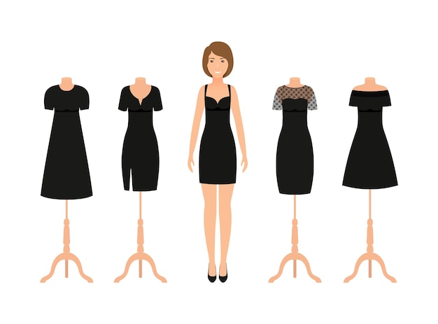 Black little dress on women Set of five elegant cocktail attire Collection girl clothing Silhouette apparel