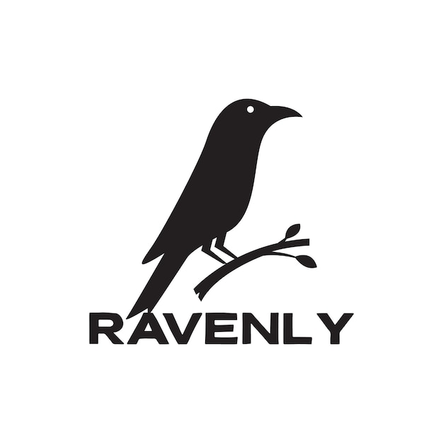 Black little raven on branch logo design vector graphic symbol icon sign illustration creative idea