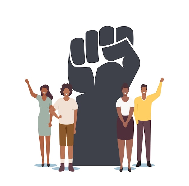 Black Lives Matter, Blm Social Concept. Tiny Black Characters around of Huge Raised Hand. Equality Campaign Against Racial Discrimination of People with Dark Skin Color. Cartoon Vector Illustration