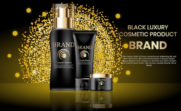 Black luxury Cosmetics products with golden glitter vector illustration