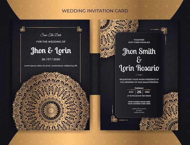 Black luxury wedding invitation card design with golden mandala and pattern