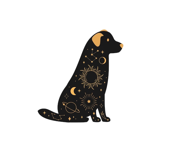 Black magical dog Mystic crescent moon esoteric symbol constellation elements witchy black pet