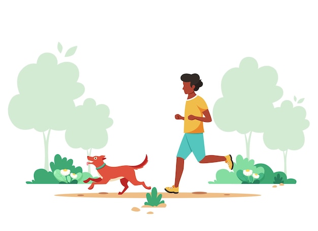 Black man jogging with dog in spring park. Healthy lifestyle, sport, outdoor activity