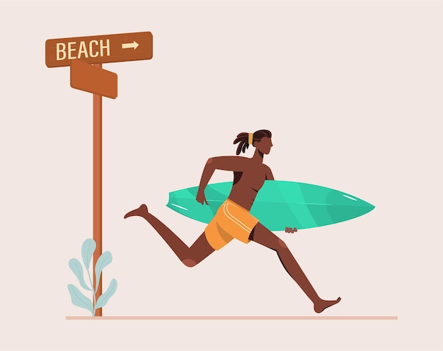 Black Man Running to Beach to Surfing Concept Flat Design